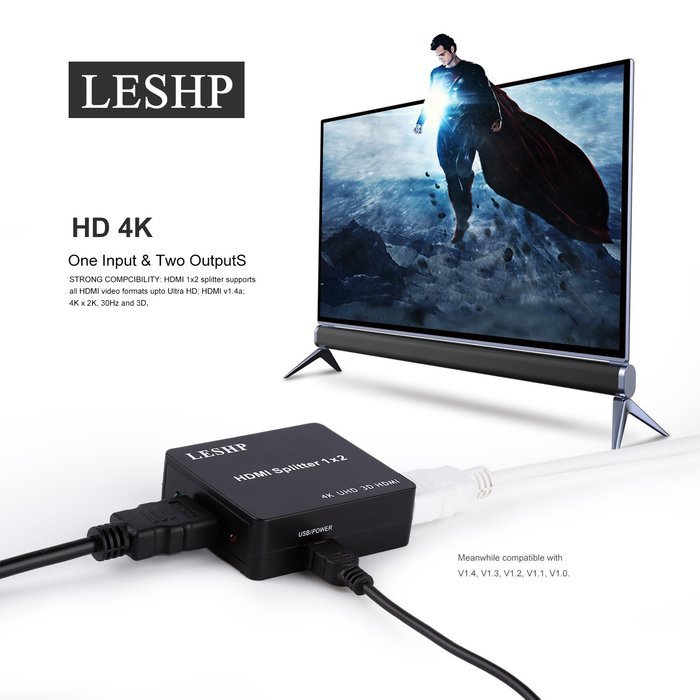 HDMI Splitter, LESHP Ultra HD 4K x 2K 1x2 HDMI Switch Switcher Amplifier Ver 1.4 Certified For 3D 1080P HD HDTV... N3