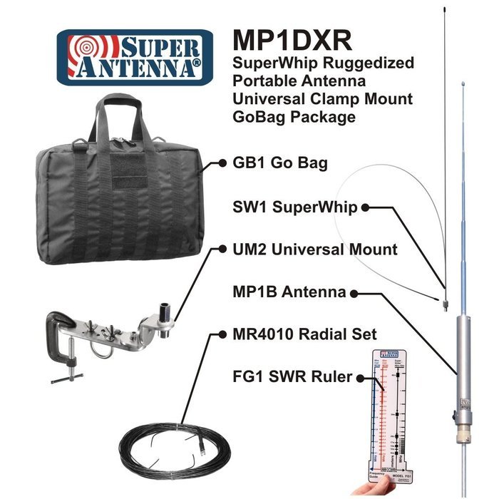 Super Antenna MP1DXR HF Portable SuperWhip All Band MP1 Antenna with Clamp Mount and Go Bag ham radio amateur N6