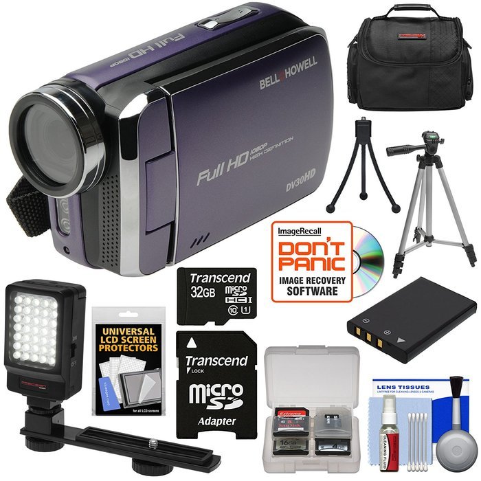 Bell & Howell DV30HD 1080p HD Video Camera Camcorder (Purple) with 32GB Card + Battery + Case + Tripods + LED...