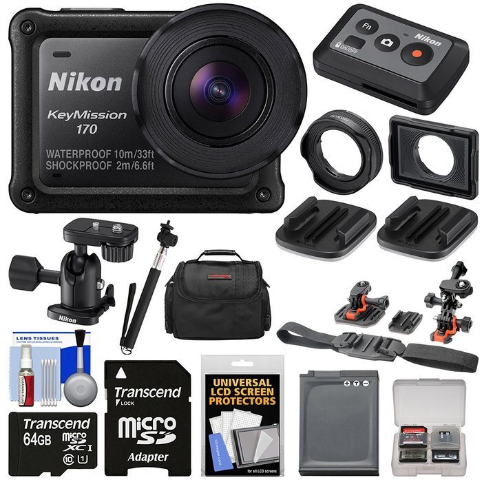 Nikon KeyMission 170 Wi-Fi Shock & Waterproof 4K Video Action Camera Camcorder + Remote + Helmet/Flat Surface...