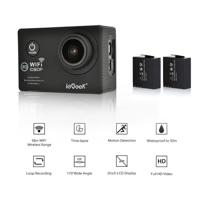 ieGeek Action Camera, Wifi 2 inch 1080P FHD Sport DV (NT96655 Chip), 14MP Waterproof Camcorder with 170&deg; Wide-Angle... N7