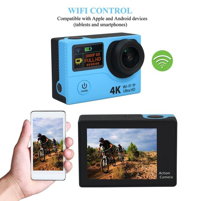 Action Camera H3 Ultra 4K HD 2.0" Dual Screen Waterproof 170D Lens go - pro Style Wifi Sport Cam(Blue) N7