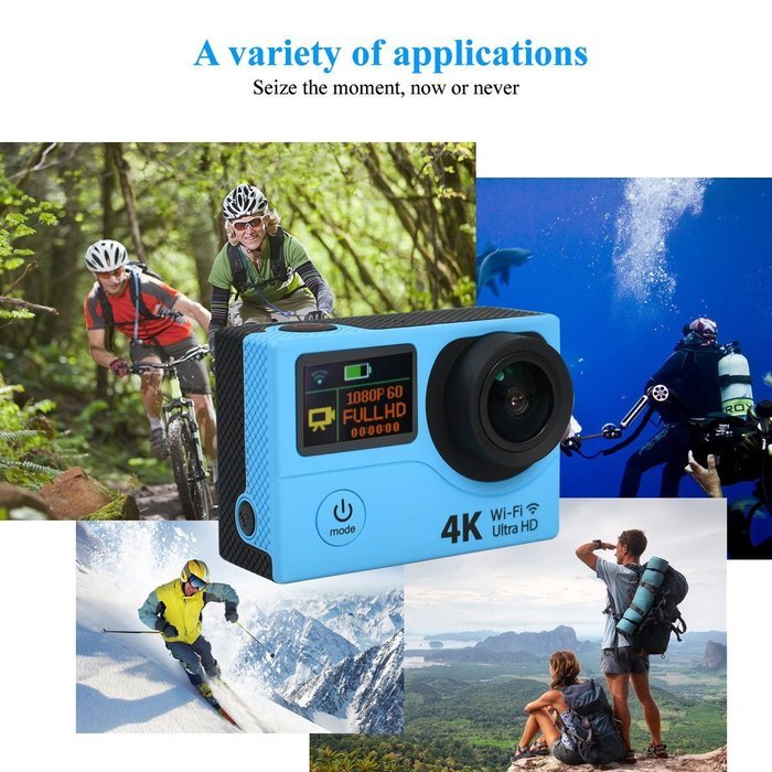 Action Camera H3 Ultra 4K HD 2.0" Dual Screen Waterproof 170D Lens go - pro Style Wifi Sport Cam(Blue) N8