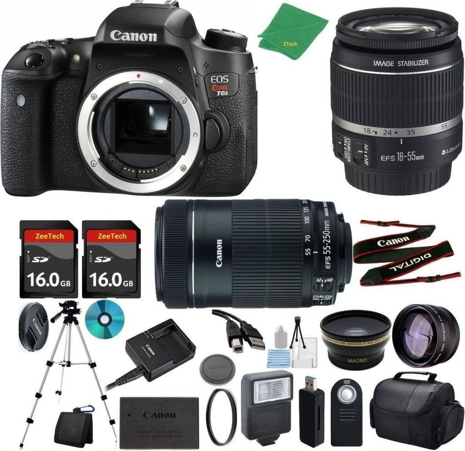 Canon T6s Camera with 18-55mm IS STM + 55-250mm STM Lens + 2pcs 16GB Memory + Case + Memory Reader + Tripod +...