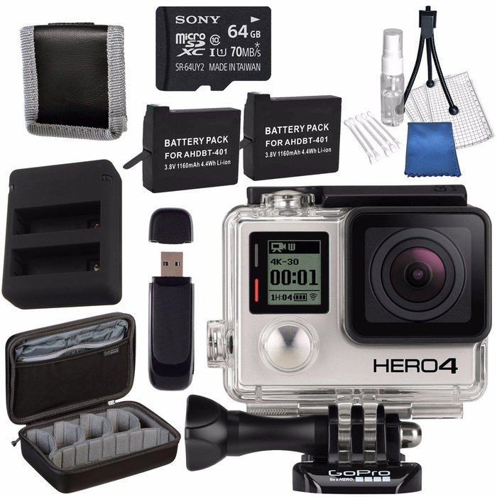 GoPro HERO4 Black + Rechargeable Battery + Dual Battery Charger + Sony 64GB microSDXC + Case for GoPro HERO4 and...