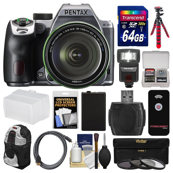 Pentax K-70 All Weather Wi-Fi Digital Camera & 18-135mm WR Lens (Silver) with 64GB Card + Backpack + Flash + Battery...