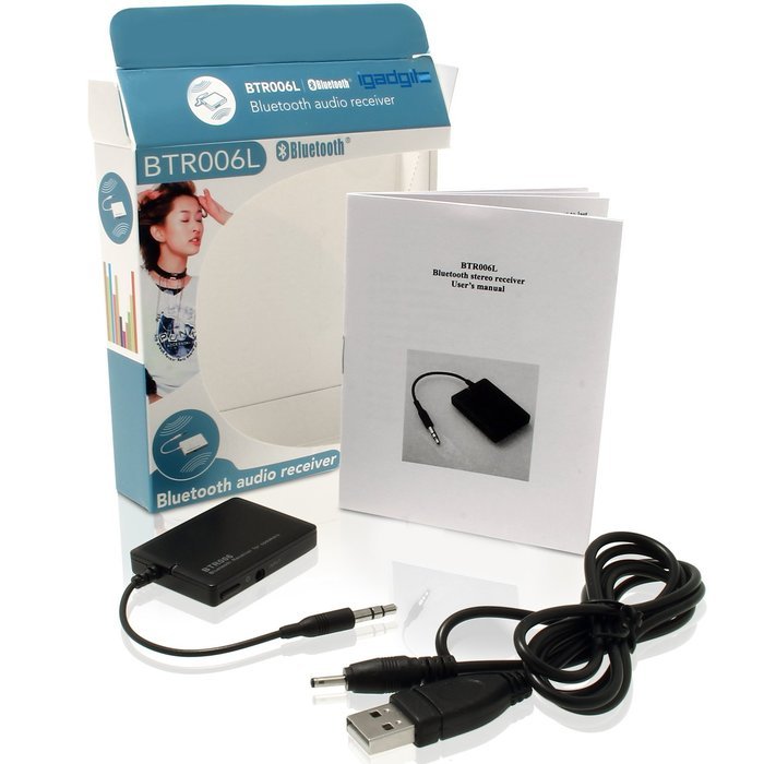 iGadgitz Bluetooth Stereo Audio Receiver Adapter with 3.5mm Audio-in Jack & USB Charging Cable &ndash; Black N2