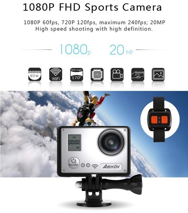 AMKOV AMK7000S 4K Ultra HD 60fps WiFi Waterproof 30M 170 Degree Wide Angle Camera with Remote Controller N9