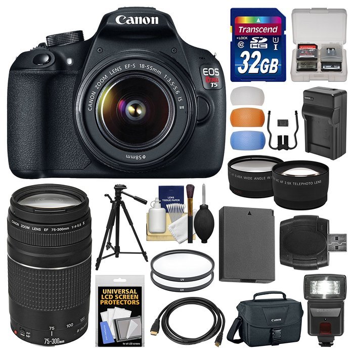 Canon EOS Rebel T5 Digital SLR Camera & 18-55mm IS II & 75-300mm III Lens & Case + 32GB Card + Flash + Battery...
