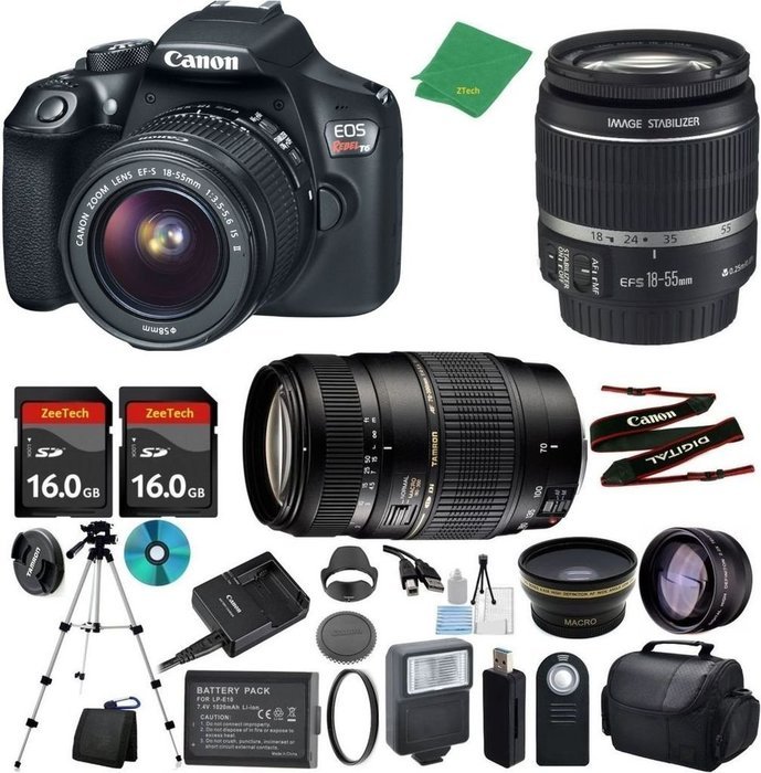 Canon T6 Camera with 18-55mm IS + Tamron 70-300mm AF Lens + 2pcs 16GB Memory + Case + Card Reader + Tripod + ZeeTech...