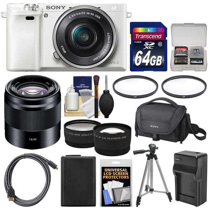Sony Alpha A6000 Wi-Fi Digital Camera & 16-50mm Lens (White) with 50mm f/1.8 Lens + 64GB Card + Case + Battery... N2