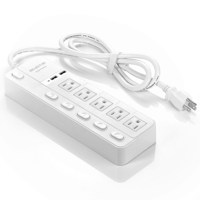 ISELECTOR Surge Protector 4320J 5-Outlet Individual Switch Power Strip with 3.4A 2-Port USB Charging Station N15