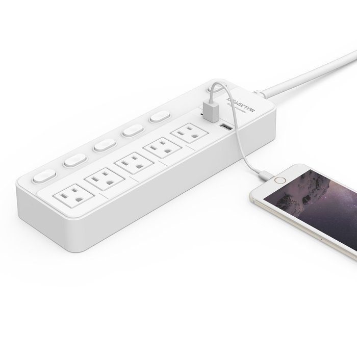 ISELECTOR Surge Protector 4320J 5-Outlet Individual Switch Power Strip with 3.4A 2-Port USB Charging Station N16