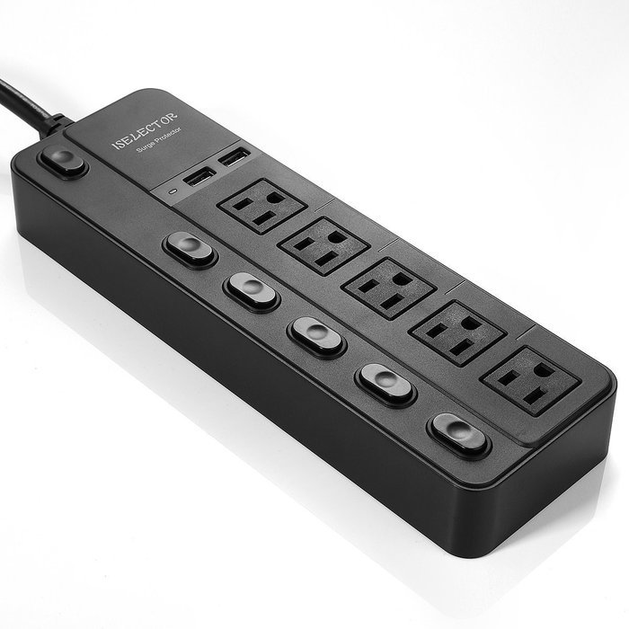 ISELECTOR Surge Protector 4320J 5-Outlet Individual Switch Power Strip with 3.4A 2-Port USB Charging Station N17