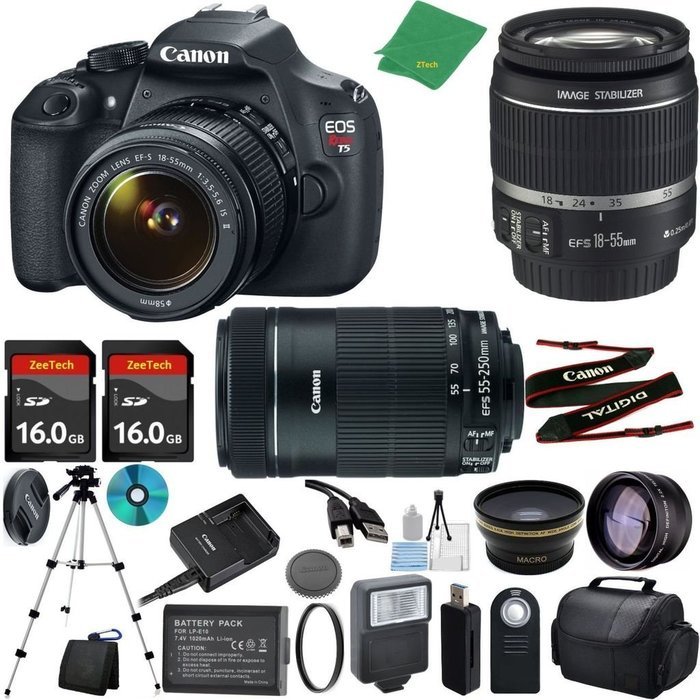 Canon T5 Camera with 18-55mm IS + 55-250mm STM Lens + 2pcs 16GB Memory + Case + Memory Card Reader + Tripod +...