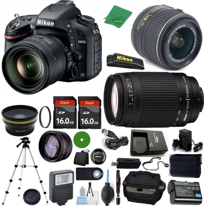 Nikon D610 - International Version (No Warranty), 18-55mm f/3.5-5.6 DX VR, Nikon 70-300mm f/4-5.6G, 2pcs 16GB... N2