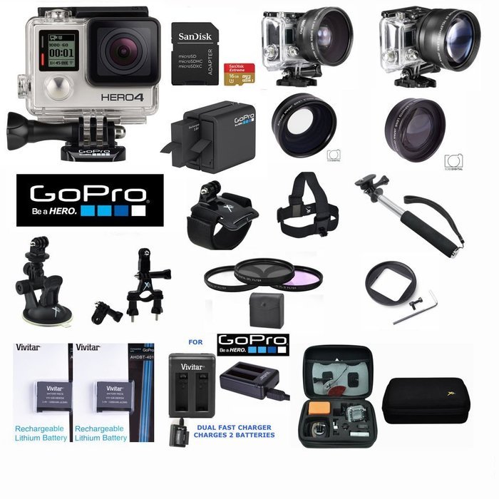 GOPRO HERO4 SILVER FULL KIT INCLUDES ALL MOUNTS + EXTRA BATTERIES + MEMORY CARD +WIDE ANGLE LENS + TELEPHOTO ZOOM...
