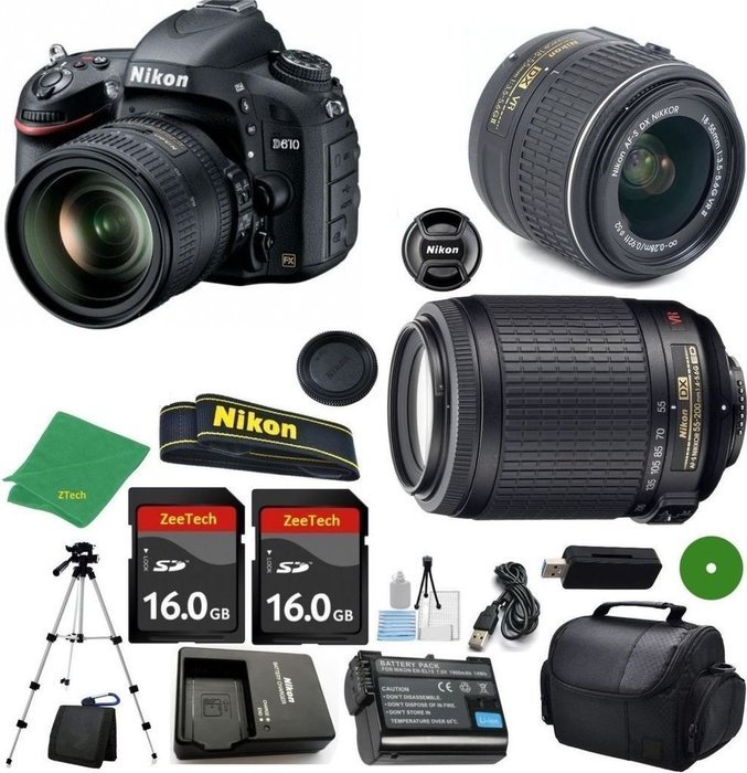 Nikon D610 - International Version (No Warranty), 18-55mm f/3.5-5.6 DX VR, Nikon 55-200mm f4-5.6G VR, 2pcs 16GB...