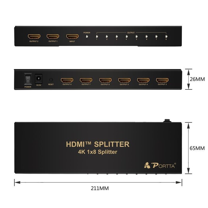 Portta PET0108 HDMI Splitter 8 Port 1x8 v1.3 support Full HD 1080p Deep Color HD Display on 8 TV N8