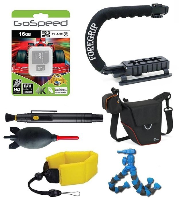 Action Camera Pro Bundle w/ ActionGrip Professional Action Cam Stabilizing Handle + Floating Strap + Gospeed 16GB...