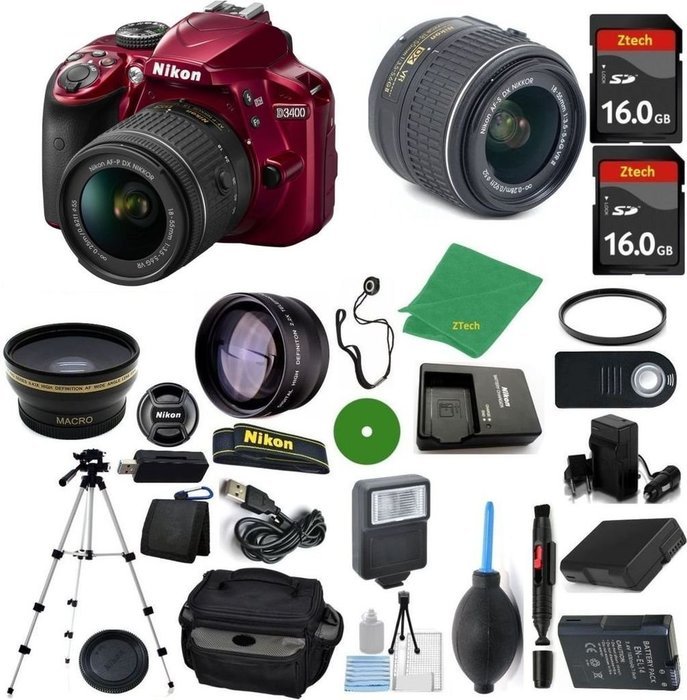 Nikon D3400 Red DSLR - International Version (No Warranty), 18-55mm f/3.5-5.6 DX VR, 2pcs 16GB Memory, Camera...