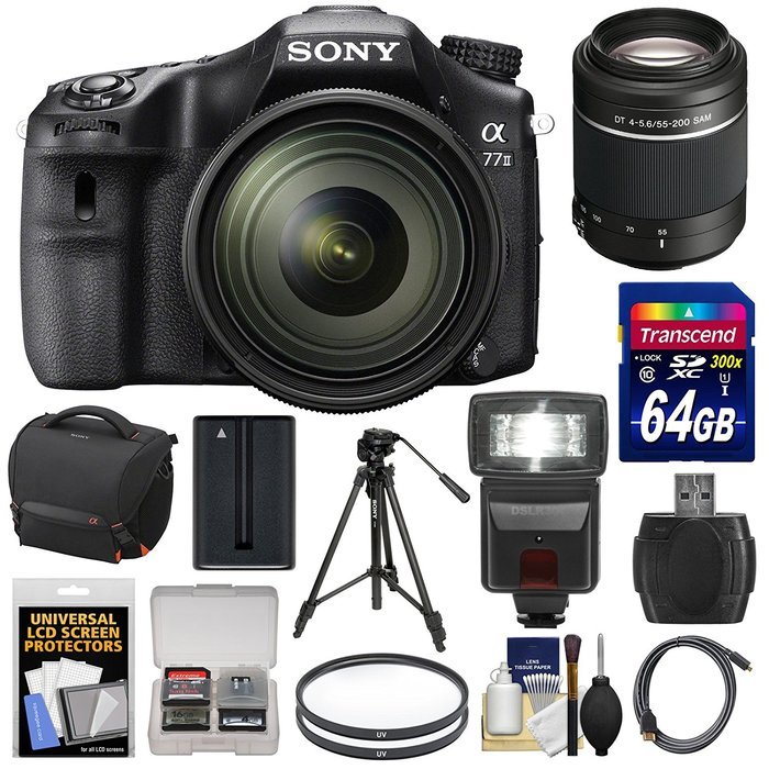 Sony Alpha A77 II Wi-Fi Digital SLR Camera & 16-50mm Lens with 55-200mm Lens + 64GB Card + Battery + Case + Tripod...