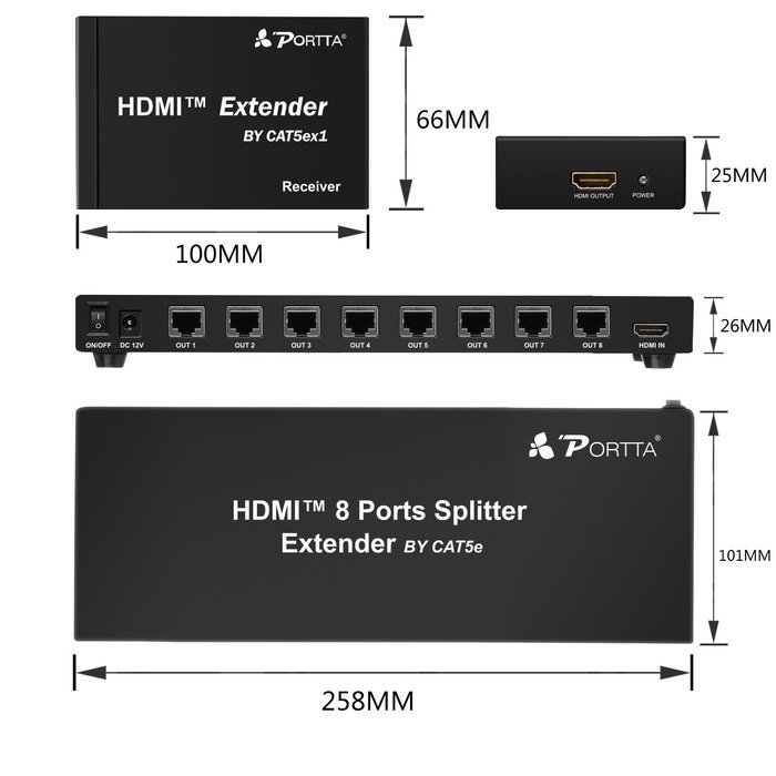 Portta PET0108 HDMI Splitter 8 Port 1x8 v1.3 support Full HD 1080p Deep Color HD Display on 8 TV N11