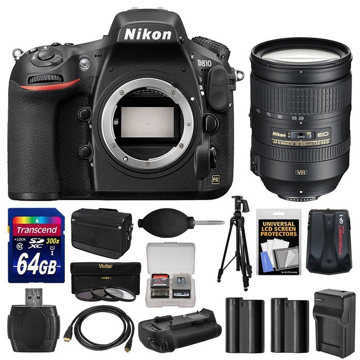 Nikon D810 Digital SLR Camera Body with 28-300mm VR Lens + 64GB Card + Case + Batteries & Charger + Grip + Tripod...