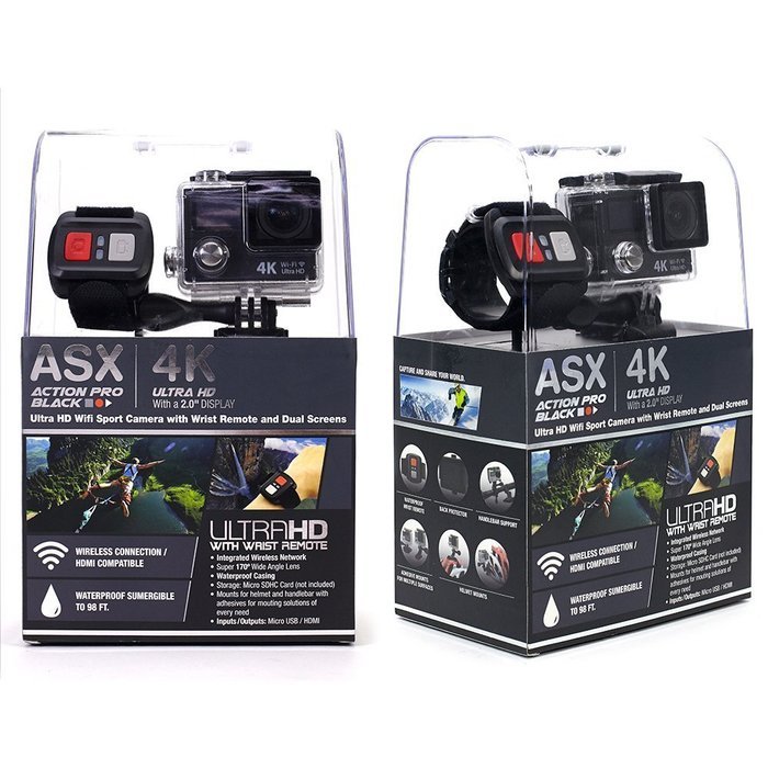 ASX ActionPro Black w/ Dual Screens & Waterproof Wrist Remote - 4K Ultra HD Waterproof Wifi Cam - Dual Screens... N4