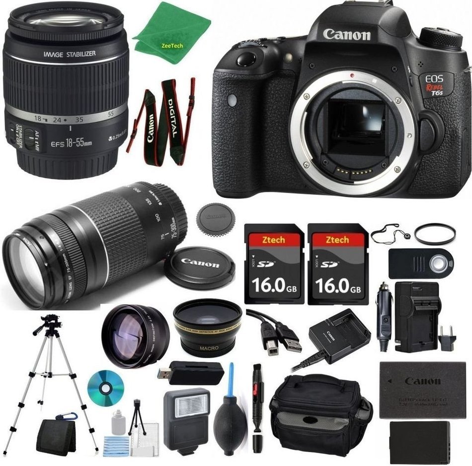 Canon Rebel T6S Camera + 18-55mm IS STM + 75-300mm III + 2pcs 16GB Memory + Case + Memory Reader + Tripod + Starter...
