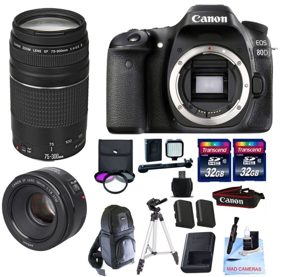 Canon EOS 80D + Canon 75-300mm III + Canon 50mm 1.8 STM Video/ Portrait Lens + 2 32GB Transcend SD Memory Cards...