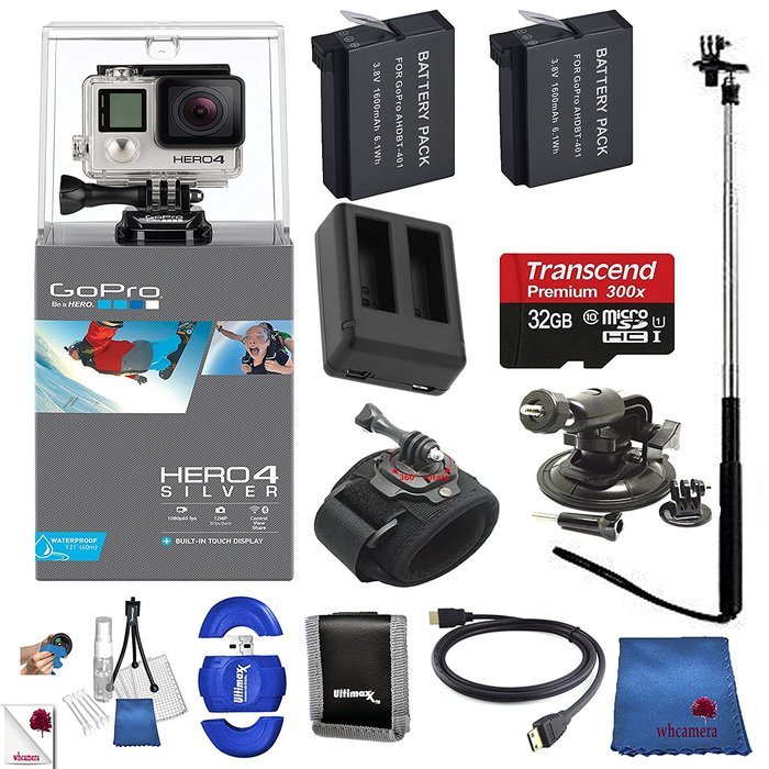 Gopro Hero 4 Silver Classic 12 Piece Bundle Includes: Go Pro Hero4 Silver + 2 Batteries + 32 GB Memory Card +...