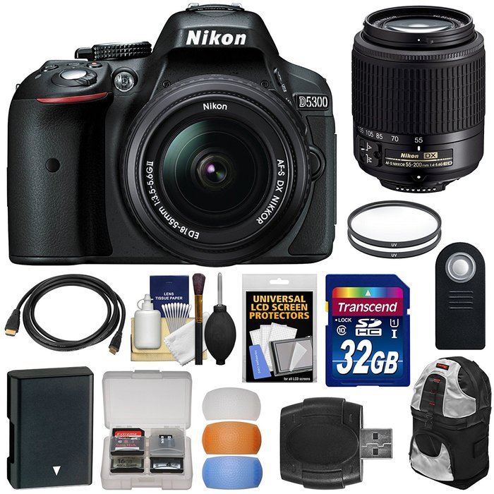 Nikon D5300 Digital SLR Camera & 18-55mm G DX II AF-S Zoom (Black) with 55-200mm DX AF-S Lens + 32GB Card + Battery... N2