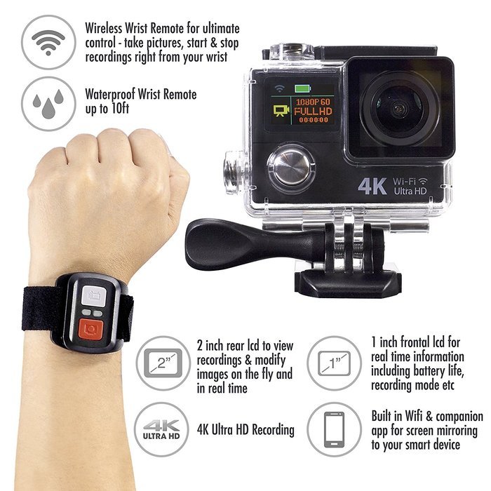 ASX ActionPro Black w/ Dual Screens & Waterproof Wrist Remote - 4K Ultra HD Waterproof Wifi Cam - Dual Screens... N5