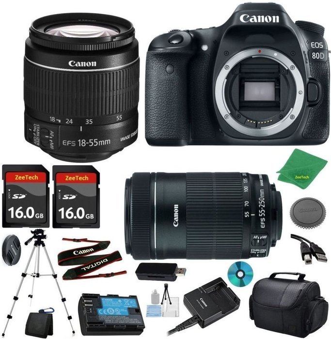 Canon EOS 80D Camera with 18-55mm IS STM Lens + 55-250mm STM + 2pcs 16GB Memory Card + Camera Case + Memory Reader...