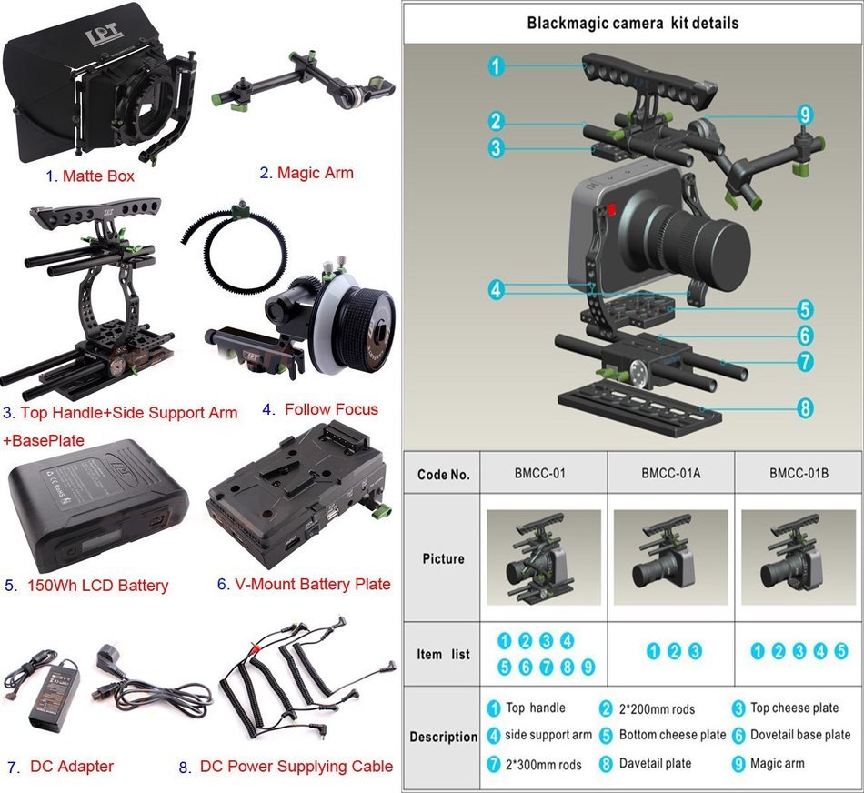 BMCC Cage Rig with 150Wh Li-ion Battery Power Supply and Follow Focus Matte Box for BlackMagic Camera Kit N9