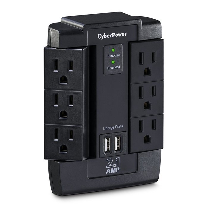 CyberPower CSP600WSU Surge Protector 6-AC Outlet Swivel with 2 USB (2.1A) Charging Ports N3