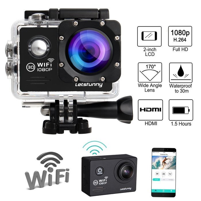 LetsFunny 2.0 Inch 1080P HD Waterproof Action Camera with 2 Batteries Along with 17 Abundant Free Accessories N4
