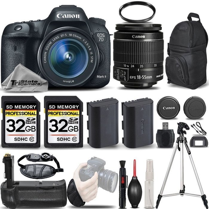Canon EOS 7D Mark II Digital SLR Camera + Canon EF-S 18-55mm IS STM Lens + Battery Grip + Backup Battery + 2 Of...