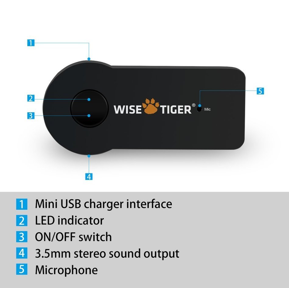 WISE TIGER Bluetooth Receiver 3.5mm Interface Wireless Car Kit Stereo Adapter N2