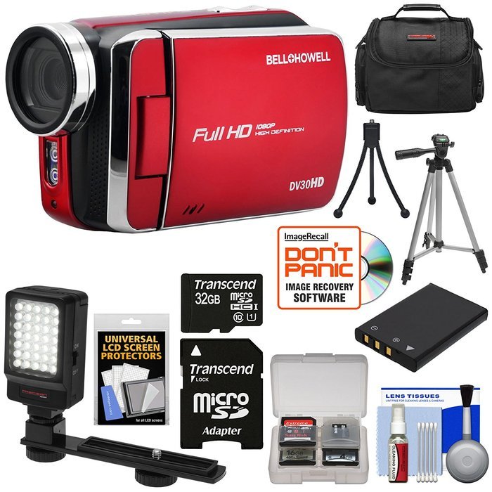 Bell & Howell DV30HD 1080p HD Video Camera Camcorder (Red) with 32GB Card + Battery + Case + Tripods + LED Video... N2