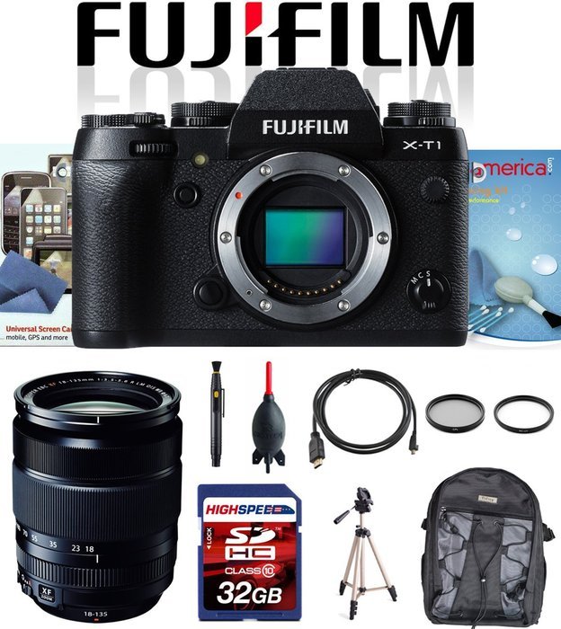 Fujifilm X-T1 Black (Body), Fujifilm XF 18-135mm F3.5-5.6 OIS WR Zoom Lens w/ Tripod, 32GB Deluxe Kit N2