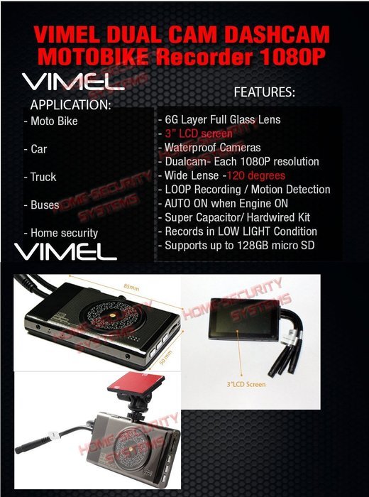 Vimel Motorbike Twin Camera Lens Motorcycle Dual Dash Car Waterproof Hardwired Truck K1S N4