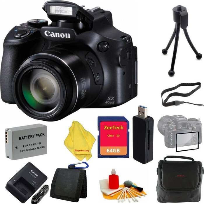 Canon Powershot SX60 16.1MP Digital Camera 65x Optical Zoom Lens 3-inch LCD Tilt Screen + Case+64 GB Card+Reader...