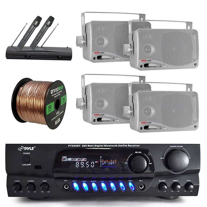 Pyle PT265BT Bluetooth 200 Watt Digital Karakoe Receiver Amplifier Bundle Combo With 4x 3'' Inch 3-Way Wall Mount... N6
