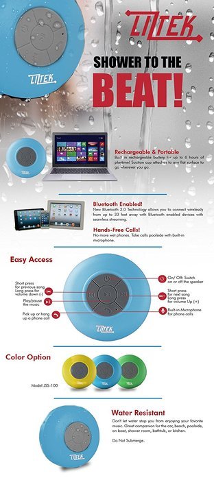 Liztek JSS-100 HD Water Resistant Bluetooth 3.0 Shower Speaker, Handsfree Portable Speakerphone with Built-in... N7