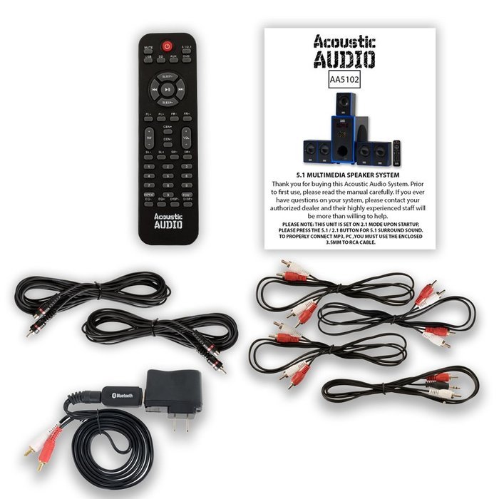 Acoustic Audio AA5102 Home 5.1 Speaker System 800W with Bluetooth and 2 Extension Cables AA5102B-2