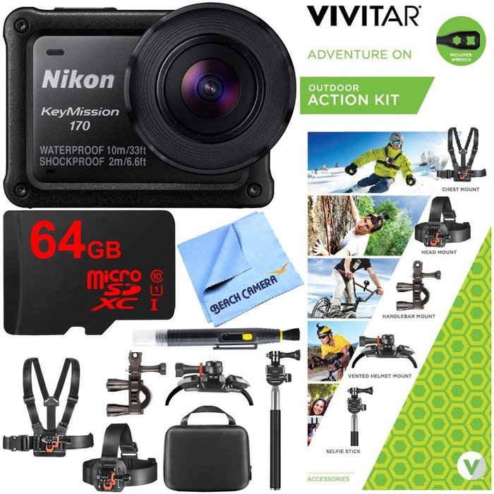 Nikon KeyMission 170 4K Ultra HD Action Camera with Built-In Wi-Fi + Outdoor Action Kit + 64GB MicroSD Memory...