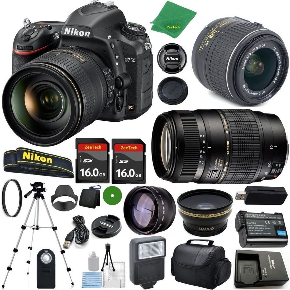 Nikon D750 FX-Format DSLR Digital Camera Body, Nikon 18-55mm VR Lens, Tamron 70-300mm DI LD Zoom, 2pcs 16GB ZeeTech...