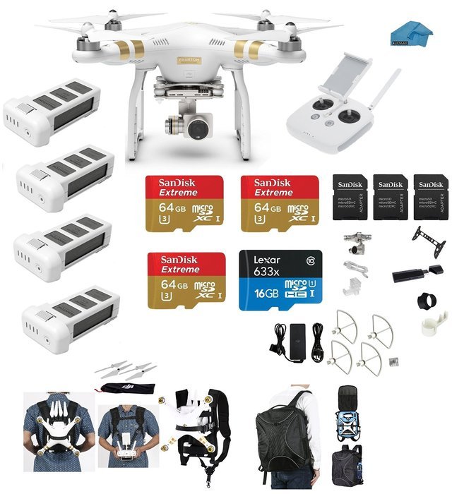 DJI Phantom 3 Professional (Pro) 4K Video Camera EVERYTHING YOU NEED Kit + 4 Total DJI Batteries + Snap on Guards... N4